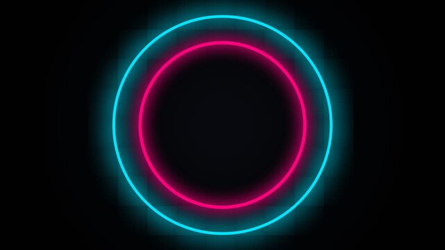 Glowing cyan and pink neon circle frame on dark background with copy space