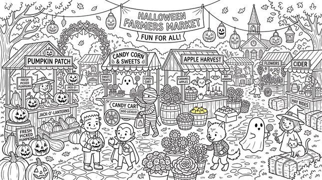 Detailed halloween farmers market scene with cute costumed children, pumpkin patch, candy cart, apple harvest, and festive decorations