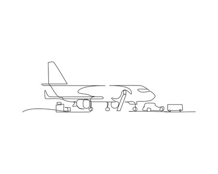 Continuous line drawing of an airplane on a runway