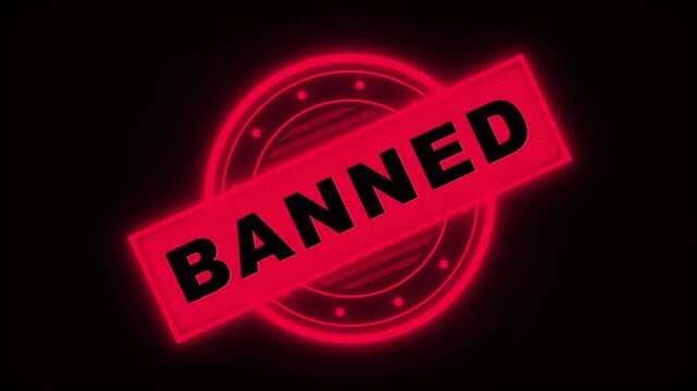 Glowing Red Neon Banned Stamp Sign Design on Black Background