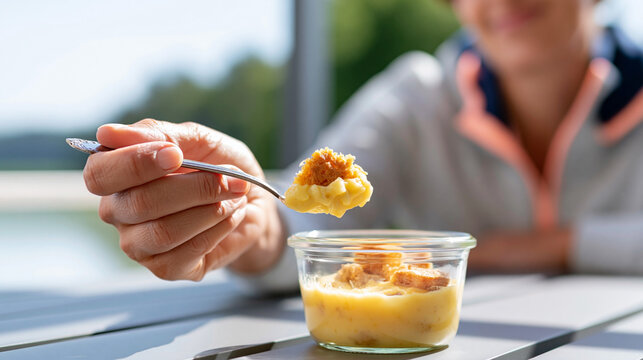 Woman holding a spoonful of creamy dessert from a glass jar while sitting at a table outdoors with blurred greenery in the background