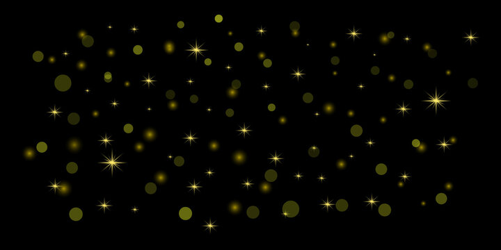 Golden Bokeh Light and Sparkling Stars Effect Overlay Background. Editable.