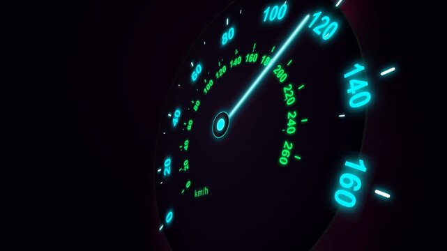 Futuristic Glowing Blue Speedometer Showing High Speed Acceleration on Dark Background