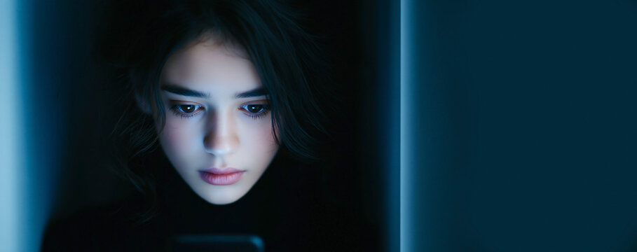 Young woman with dark hair focused on smartphone screen in a dimly lit environment, illuminated by soft blue light creating a serene atmosphere