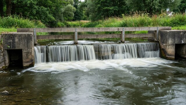 Small concrete weir with wooden railing and flowing water in a green forest setting