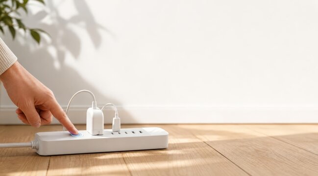 Hand pressing power button on smart power strip