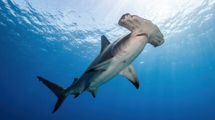 Fototapeta premium Majestic Great Hammerhead Shark Gliding Through Deep Blue Tropical Waters with Sun Rays