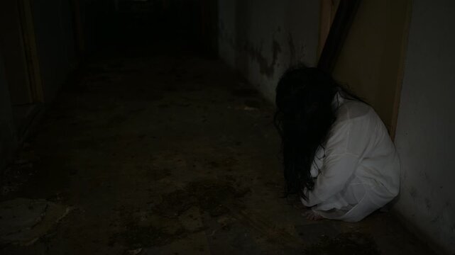 Dark horror scene of a mysterious figure in a white dress sitting alone in a dim abandoned room. Eerie shadows create a supernatural atmosphere for haunted house, paranormal and Halloween concepts.