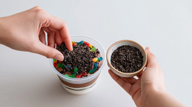 Hands adding crushed chocolate cookies to a dessert cup filled with layers of cream, gummy candies, and colorful toppings on a light background