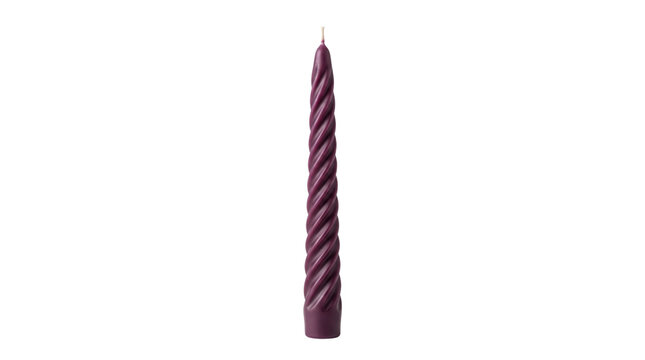 Elegant purple twisted taper candle, decorative spiral wax candle for home decor, dark violet dinner candle isolated on white background