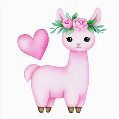 Naklejka premium Cute pink llama with flower crown and heart, watercolor style, soft texture, charming and adorable animal illustration