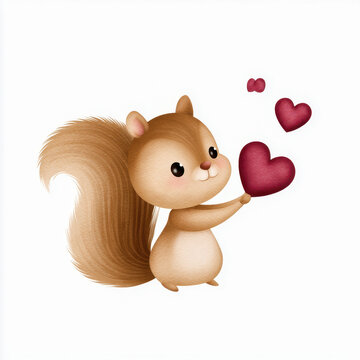 Cute squirrel holding red heart with love expression, adorable animal illustration with fluffy tail and soft texture