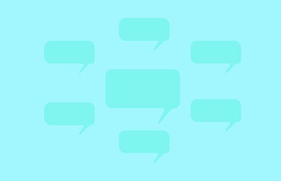 Light blue background with seven darker blue chat bubbles arranged in a circular formation around a larger central message bubble