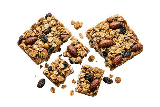Granola bars with almonds, raisins, and oats isolated on transparent background
