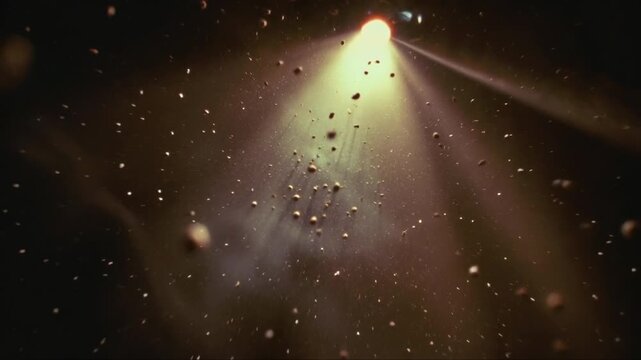 Asteroid field lit by bright distant light in cinematic space style on dark cosmic background, concept of space exploration