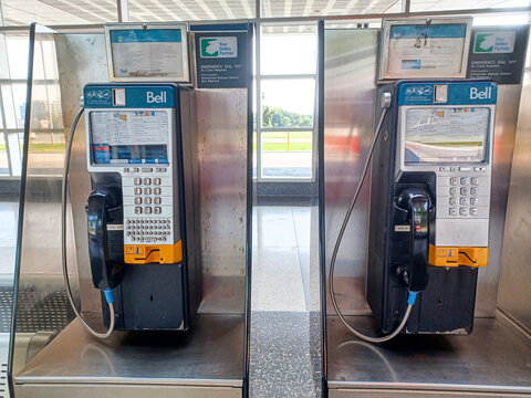 Public payphone station inside subway terminal
