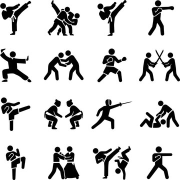 Set of black martial arts and combat sports icons showing people training fighting and self defense techniques