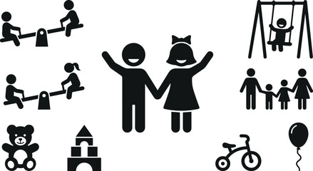 Children playground and happy family stick figure pictogram icon set black silhouette vector illustration isolated © Imran