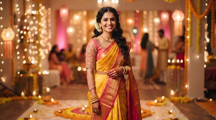 Naklejka premium Portrait of a beautiful indian woman in a traditional yellow and pink silk saree at a festive celebration with warm bokeh lights in the background