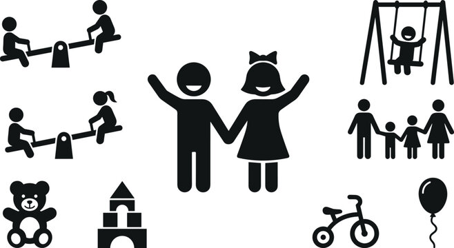 Children playground and happy family stick figure pictogram icon set black silhouette vector illustration isolated