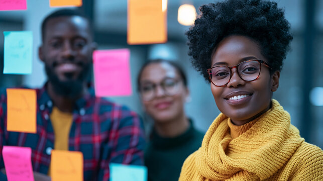 African woman wearing glasses and a yellow sweater smiles confidently in a modern office with colorful sticky notes on a glass wall behind her and colleagues visible