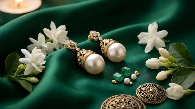 Traditional golden pearl earrings on green silk for bollywood day