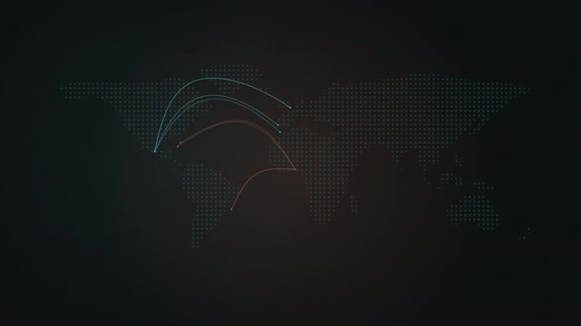 Cyan and coral hub arcs crisscrossing a world map seamless loop