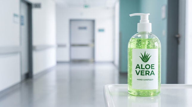 Bottle of aloe vera hand sanitizer with pump dispenser on table in hospital corridor. Hygiene infection prevention and antibacterial protection concept. Healthcare cleanliness and disinfection