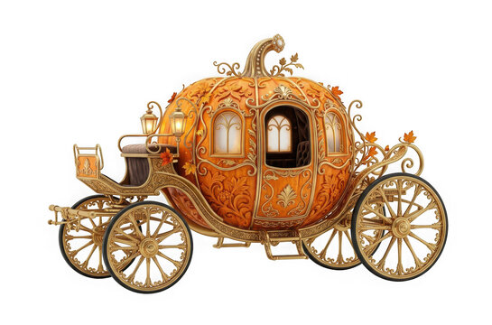 Ornate golden pumpkin carriage for fairy tale princess isolated on transparent background