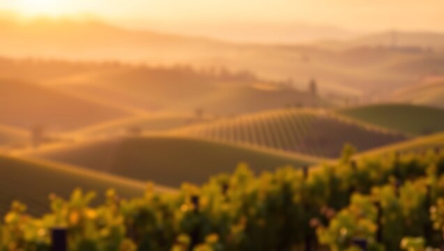 blurred landscape of rolling vineyard hills at golden sunrise