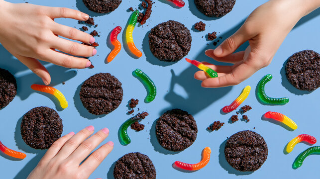 Hands reaching for chocolate cookies and gummy worms on a blue background, with crumbs scattered around, creating a playful dessert scene
