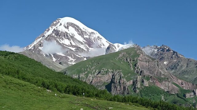 Mount Kazbek or Mount Kazbegi is a dormant stratovolcano and one of the major mountains of the Caucasus, Georgia