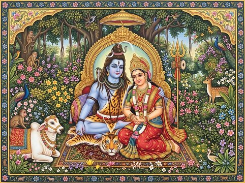 Divine Union of Lord Shiva and Goddess Parvati in Lush Floral Forest Paradise