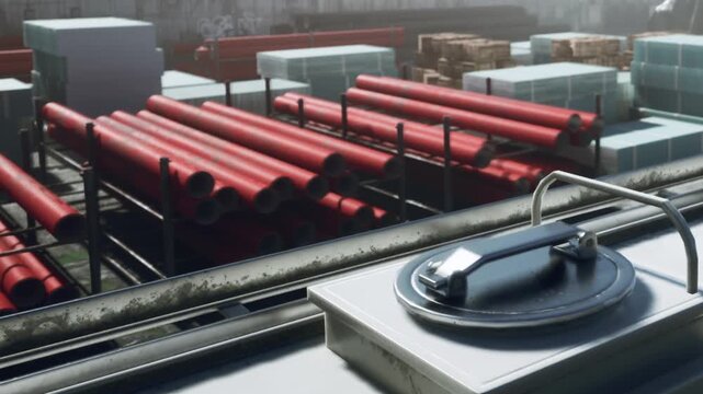 Red pipes are stacked in rows in a construction yard. Other materials like wood and sheets are also visible. The scene shows a working area during daylight hours.