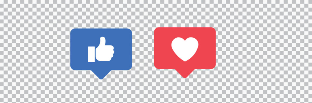 Social media like and heart icons, blue thumb up and red love reaction buttons, flat vector notification bubbles for web and mobile apps
