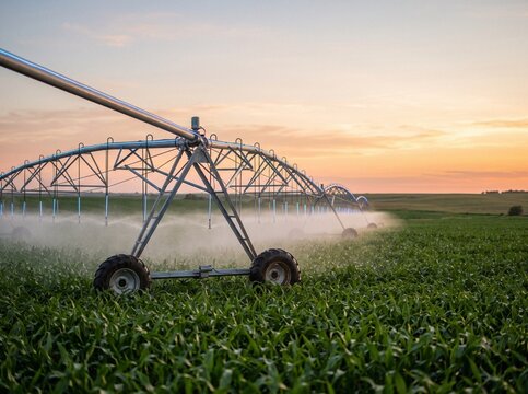 Automated center pivot irrigation system spraying water over green crops at sunset with glowing blue light ribbon