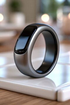 Smart ring resting on white ceramic tile with blurred indoor background, soft reflections, matte titanium finish, wearable health tracking device, minimal product presentation