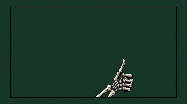 Skeleton hand giving a thumbs up on a dark green background with a simple black frame, Halloween themed graphic with copy space for text or greeting.
