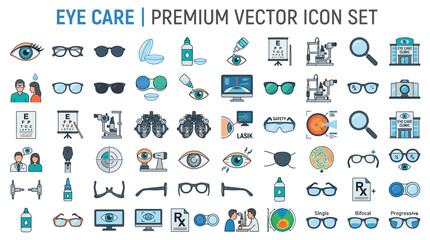 Naklejka premium Comprehensive Eye Care Vector Icon Set Featuring Optometry Equipment and Ophthalmology Medical Treatment Symbols