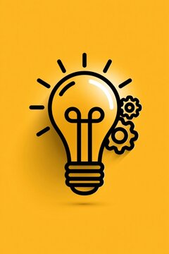 Idea Light bulb icon with gears on a yellow background, line art symbol for ideas, creativity, innovation, engineering, and education.