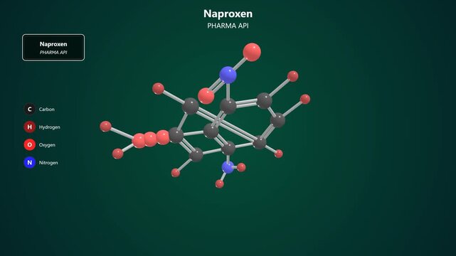 Molecular structure of naproxen showing chemical bonds and atomic composition information