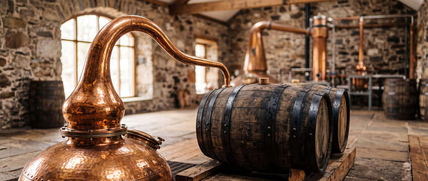Rustic distillery interior with copper still and oak whiskey barrels aging in stone warehouse