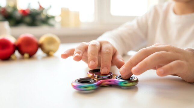 Child hands spinning fidget spinner beside Christmas ornaments and pine branch for autism ADHD sensory regulation and holiday inclusion therapy