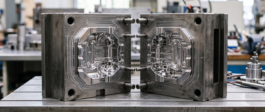 Precision metal injection mold tooling in industrial workshop with CNC machined die and tooling components