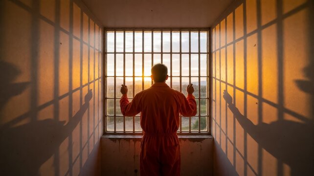 Inmate in Orange Jumpsuit Looking Out Prison Window