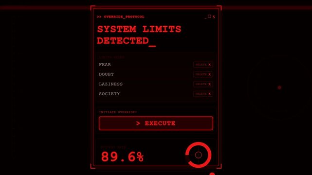 Futuristic digital interface hud screen showing override protocol warning with red warning text system limit detected sci-fi theme