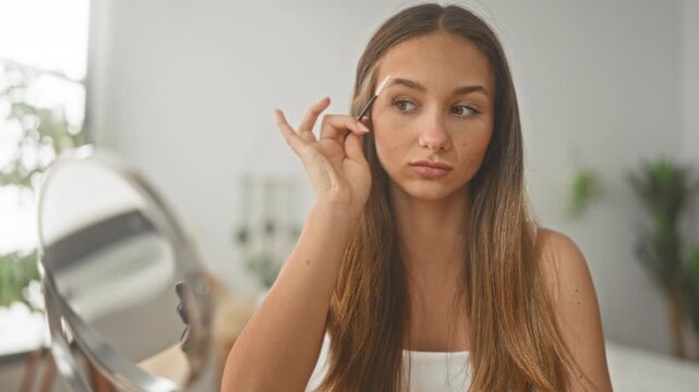 Woman applying mascara to eyelashes with brush at studio mirror, hand near eye and visible mirror reflection; focused routine.