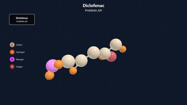 Scientific model of diclofenac molecule represented by atoms and bonds for pharmaceutical research