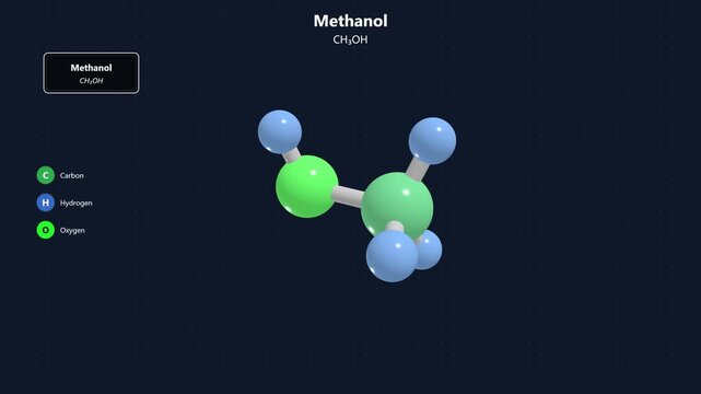 Scientific model showing the methanol molecule with chemical formula CH3OH labeled on a dark background