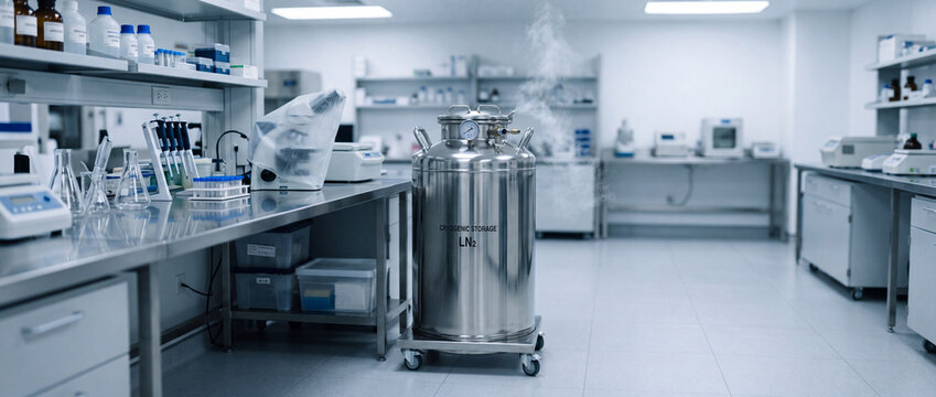 Cryogenic liquid nitrogen dewar tank in modern scientific laboratory with stainless steel benches